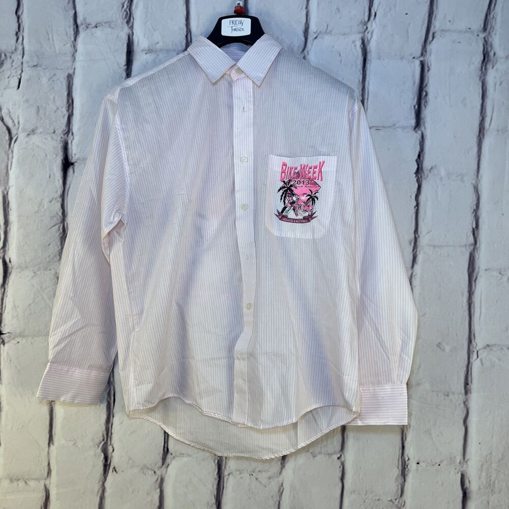 Vtg Mili Designs Button 2013 Woman Petites PS Striped Pink White/LS 2013 Daytona